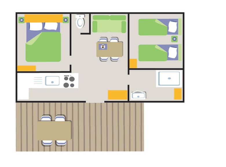 Indeling van mobile home Standard. Mobile home accommodatie op camping Le Parc in de Var, Provence-Alpen-Côte d’Azur regio